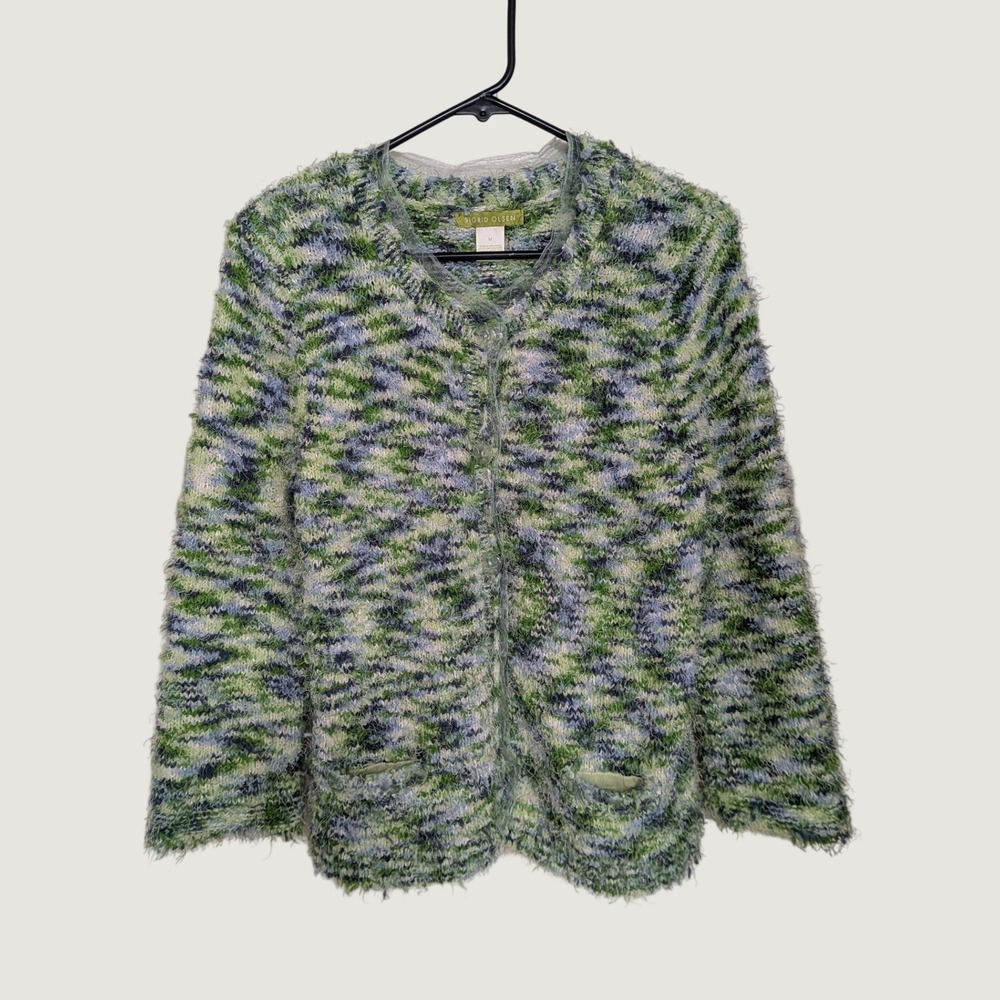 Sigrid Olsen Womens Green Blue Space Dye Eyelash Knit Button Cardigan Sweater M